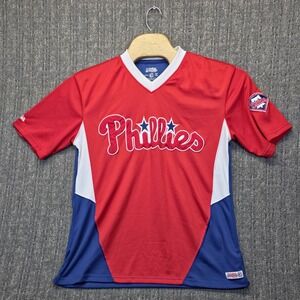 Stitches Philadelphia Phillies Jersey Shirt Mens Medium Red Sewn Logo MLB V-Neck